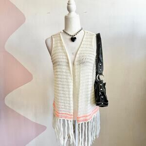 Vintage Cream Fringe Open Knit Vest Y2K Retro Boho Indie Festival Small